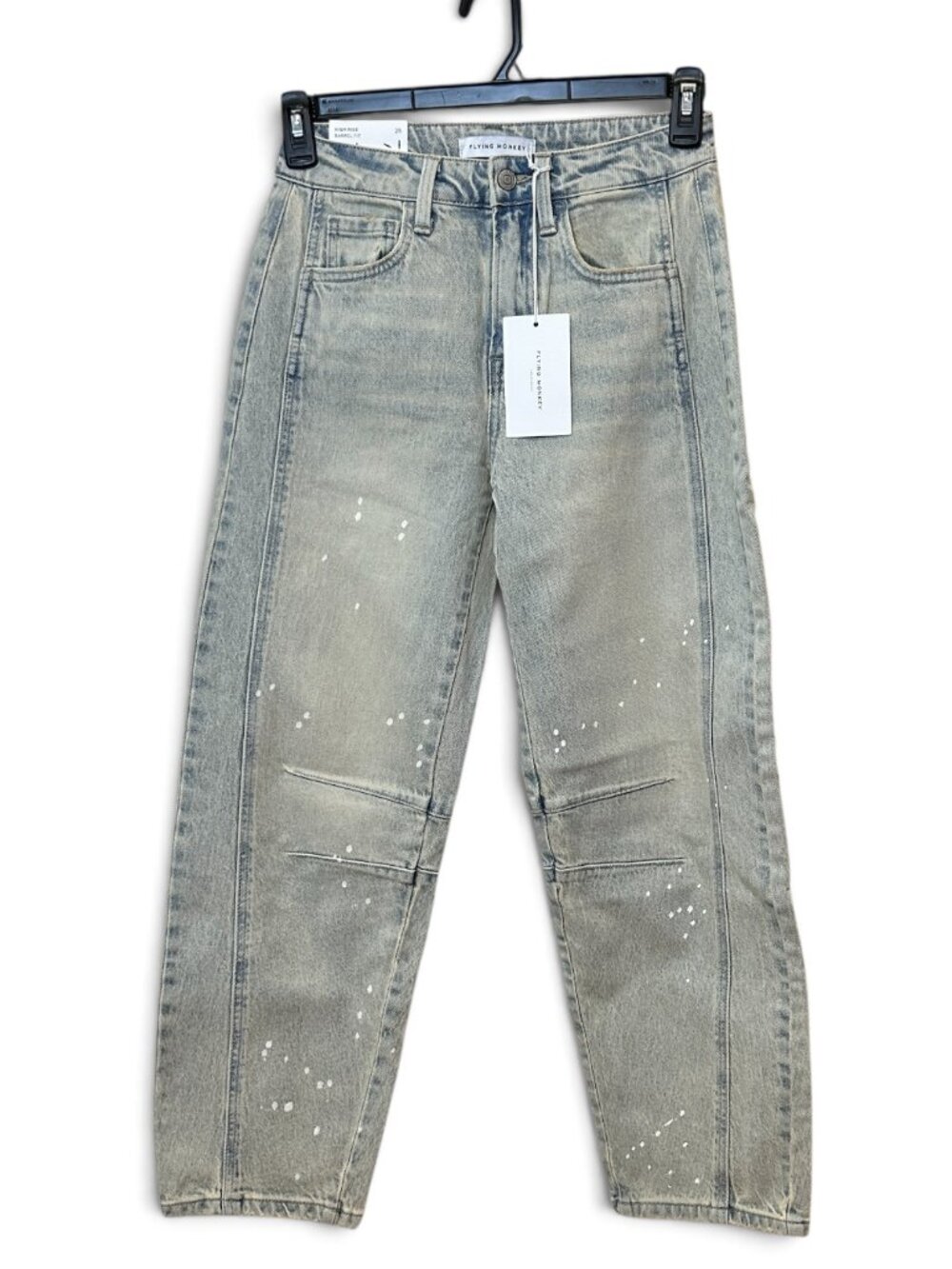 NWT Flying Monkey Barrel Fit High Rise Jeans Light Wash Paint Distressed 25